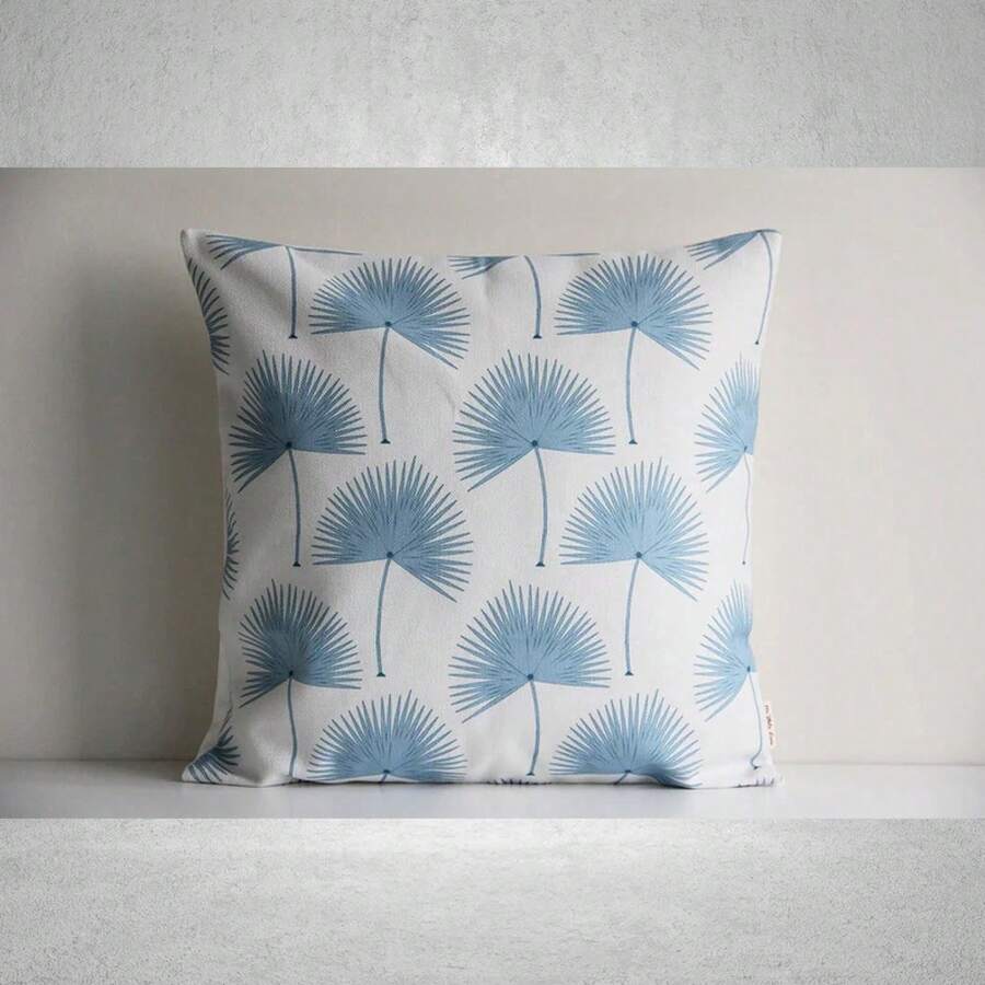 Pillow Cover 20X20 - Mavi Palmiye Yaprağı Baskılı Kare Dekoratif